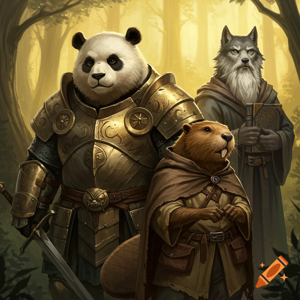 A panda in golden armor, a beaver in a cloak, and a wolf wizard holding a book stand in a forest.