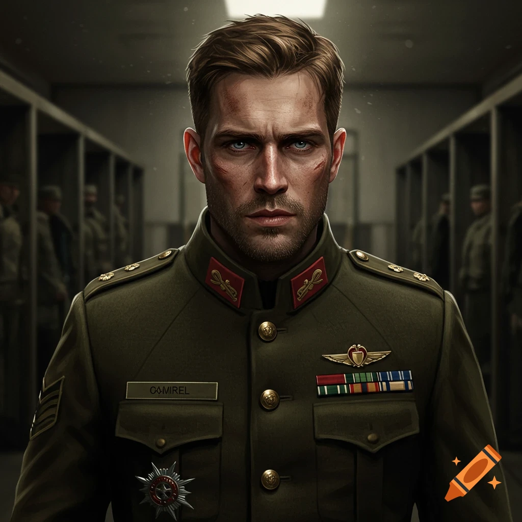 A portrait of a soldier in uniform with scratches on his face.