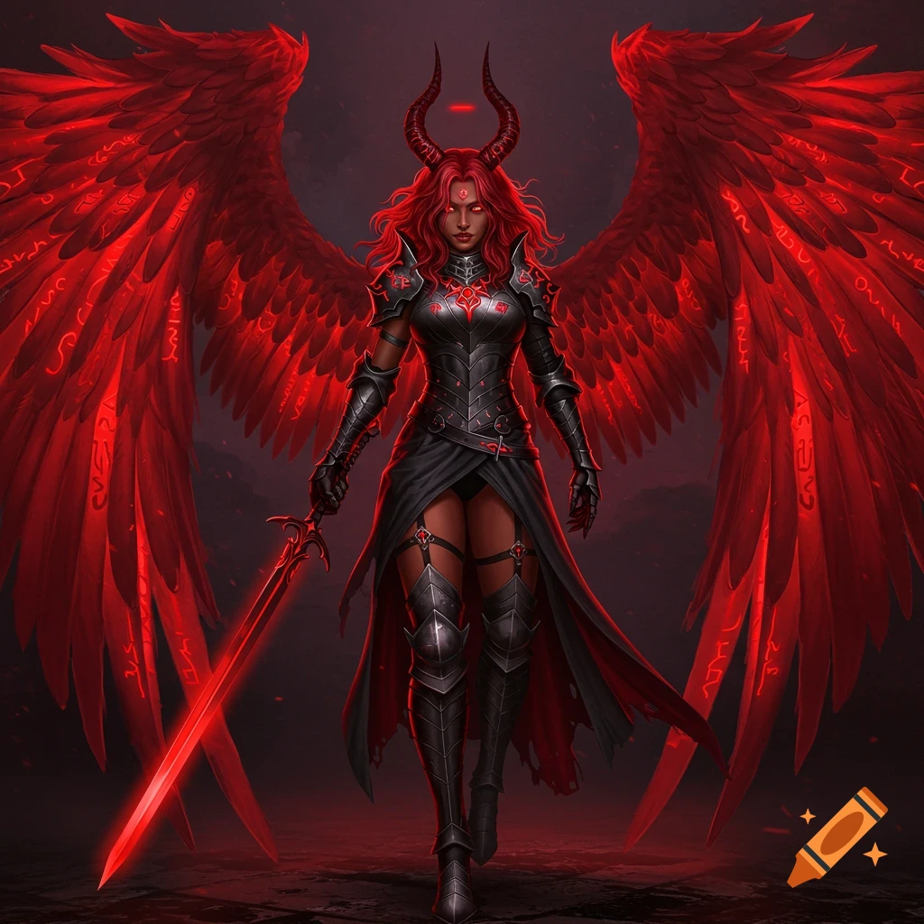 A red-winged demon or fallen angel in black armor holds a glowing red sword in a dark landscape, digital art.