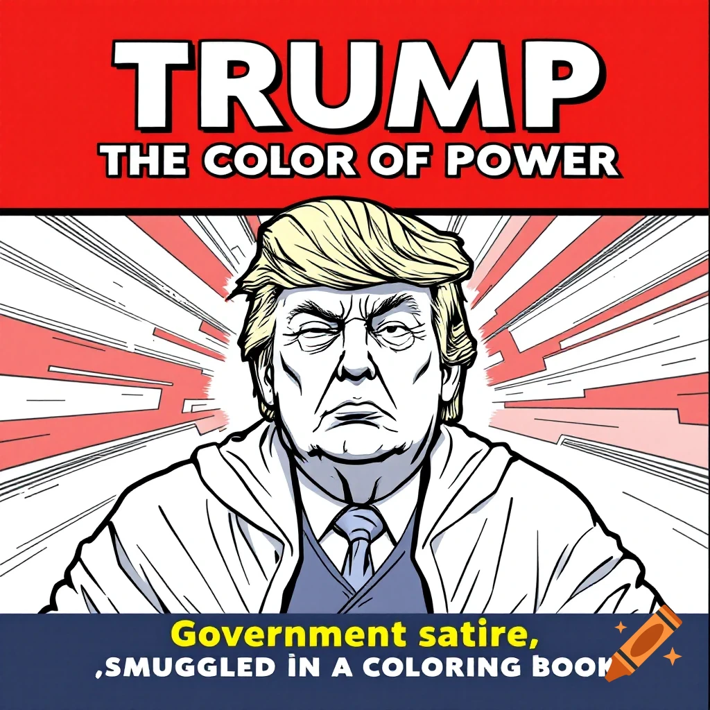 Graphic novel style illustration of a caricatured Donald Trump on a book cover titled 'Trump: The Color of Power'.