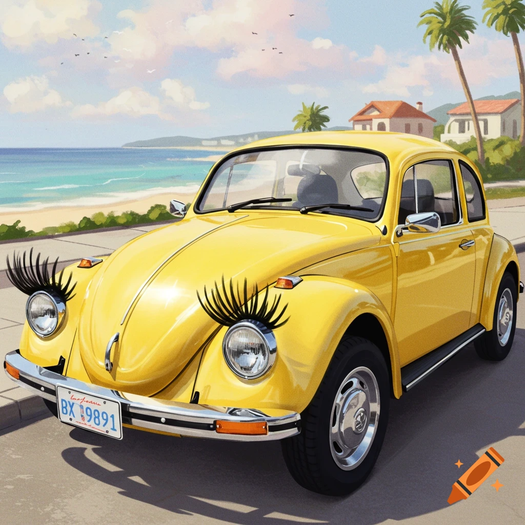 Yellow VW Beetle with eyelashes parked by a beach.