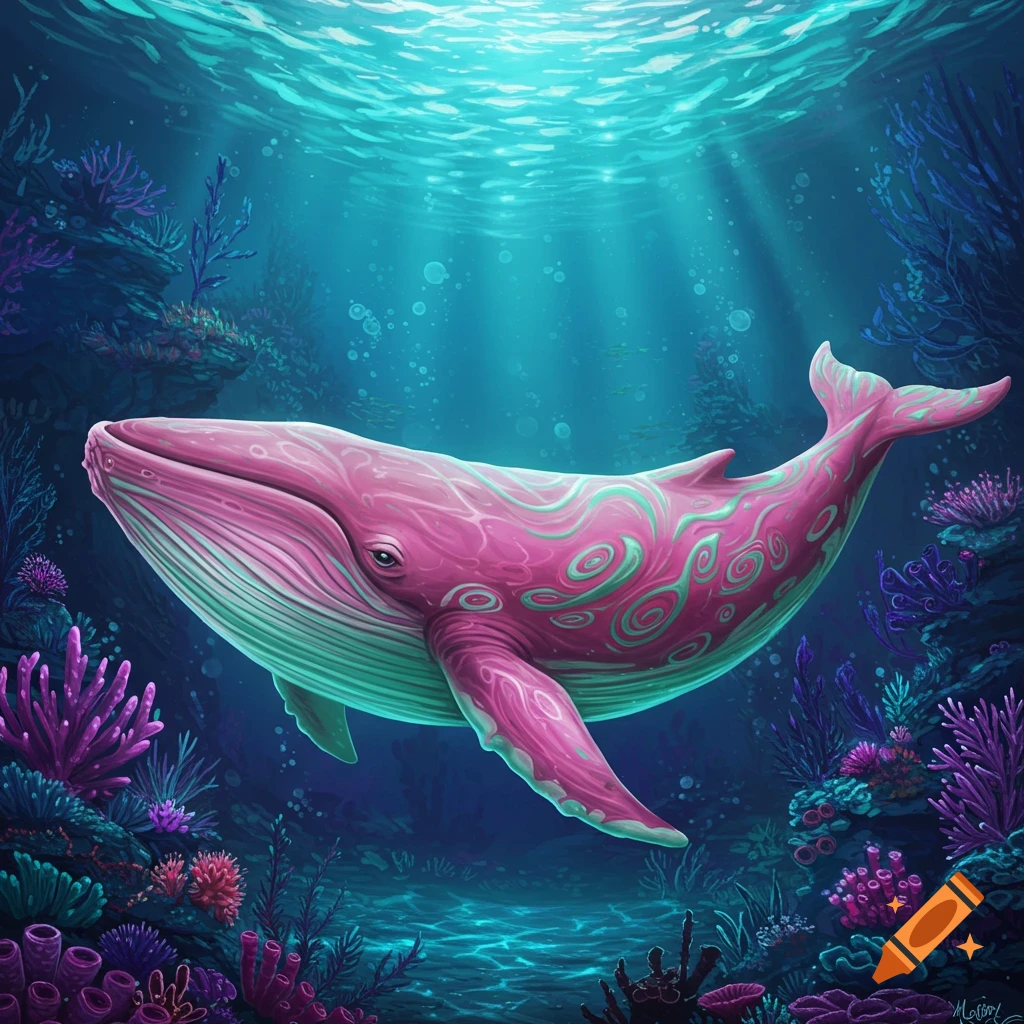 A pink fantasy whale with green patterns swims underwater among vibrant coral.