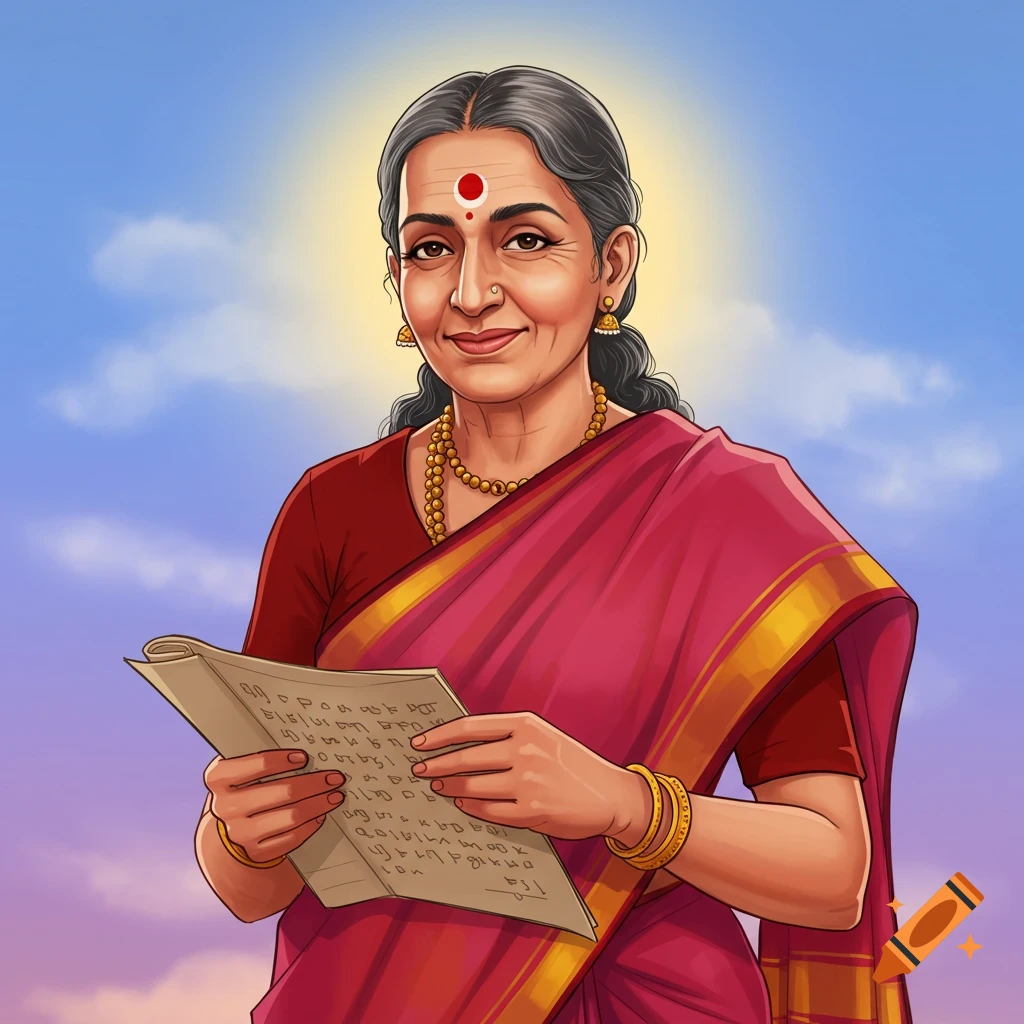 An older woman in a red saree is holding a book.
