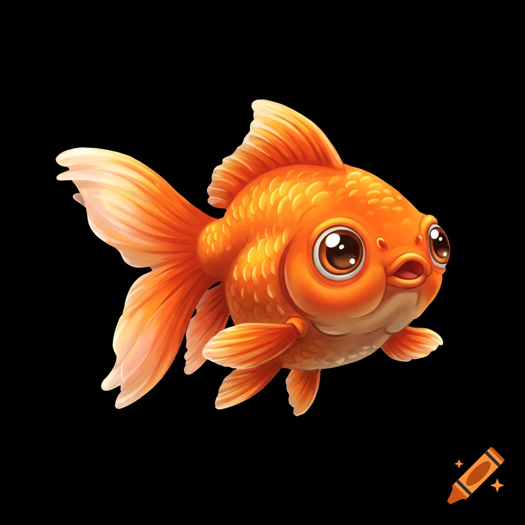 A cute, orange cartoon goldfish with big eyes against a black background.