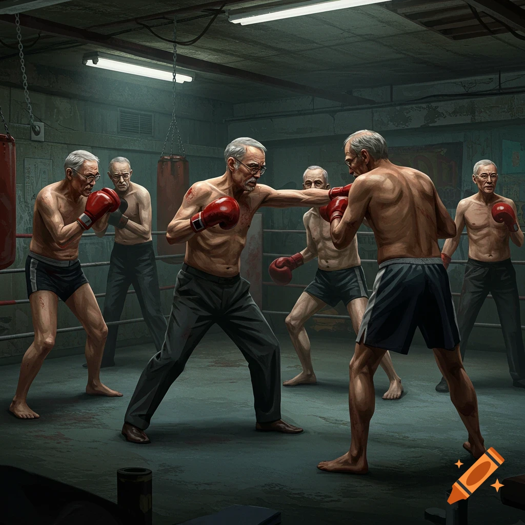 Elderly men boxing in a gym