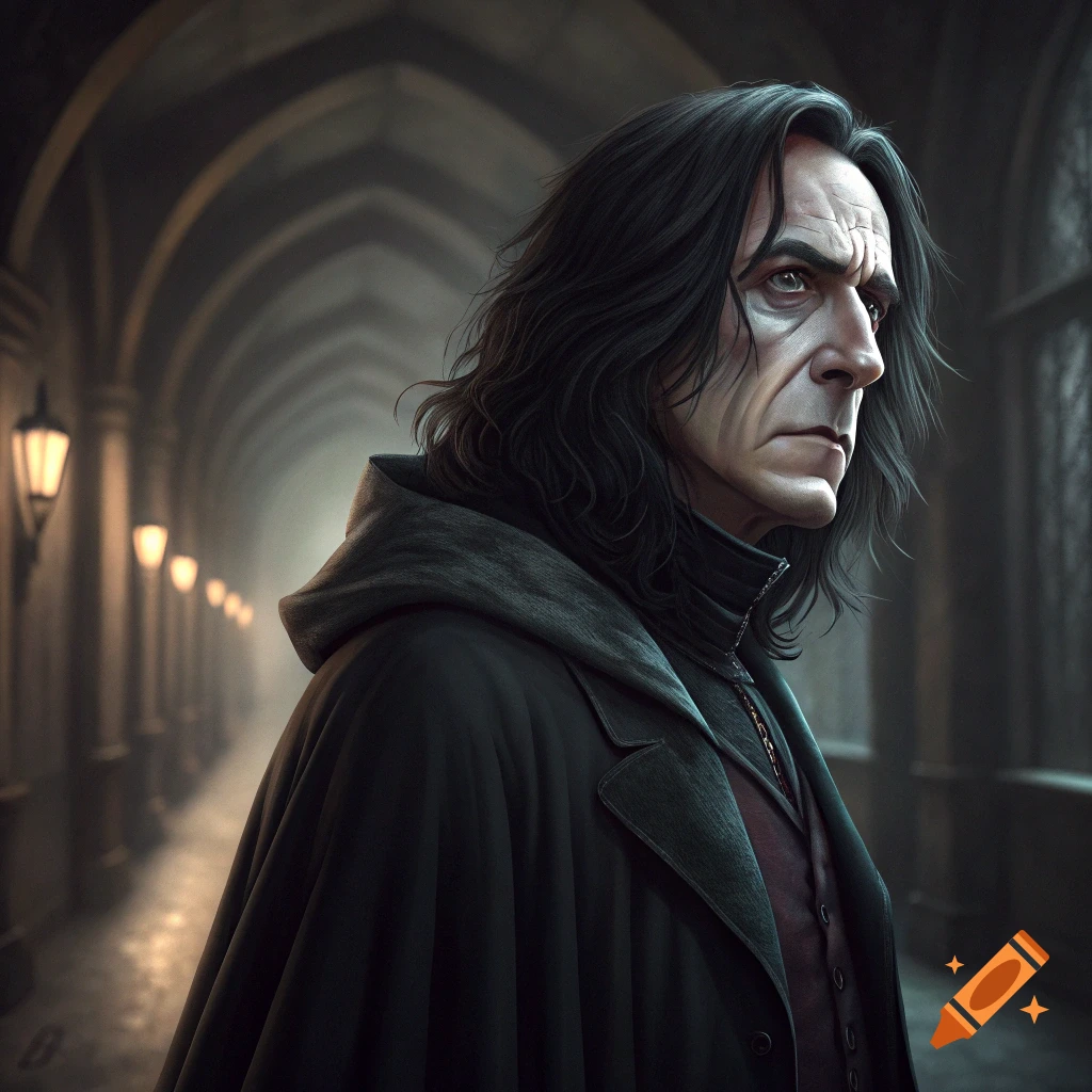 Realistic image of a dark-haired character resembling Snape in a dimly lit corridor.