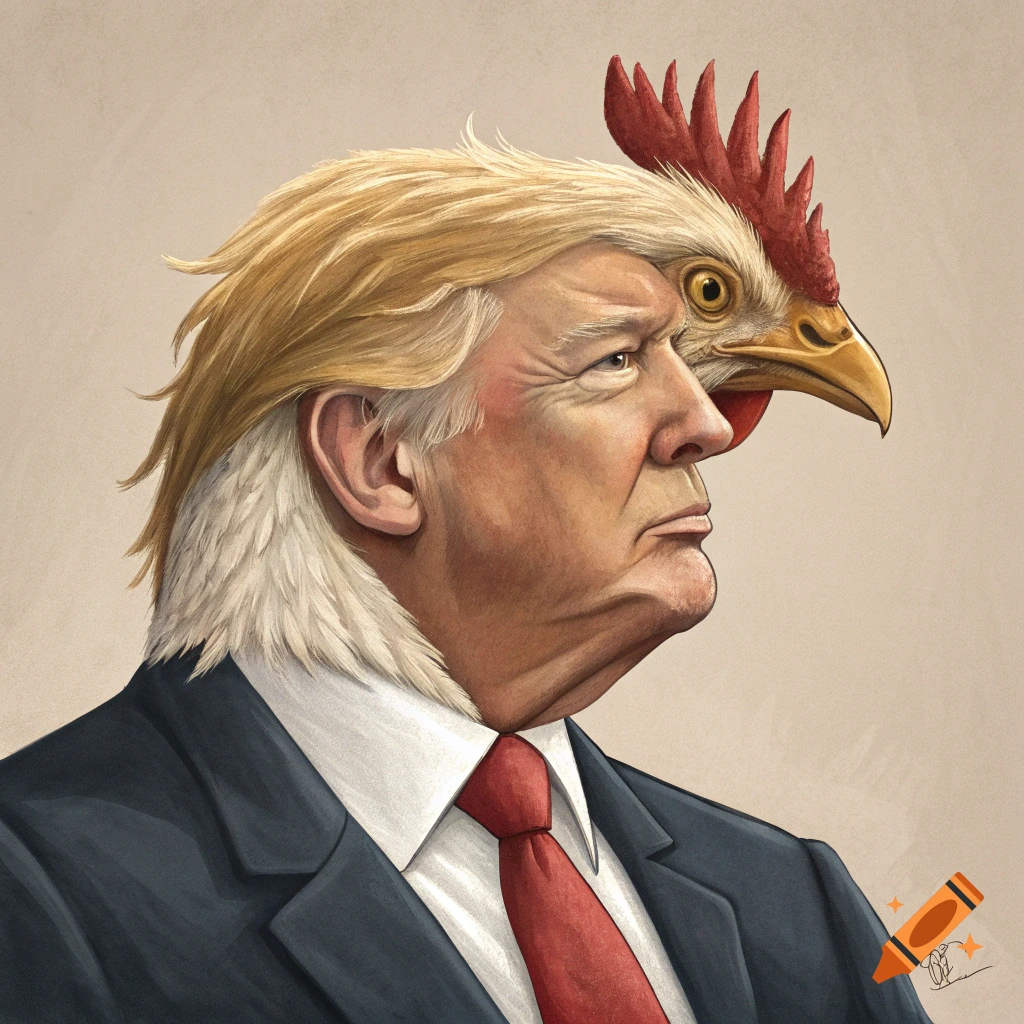 Illustration of a person resembling Trump with a chicken head, wearing a suit and tie.