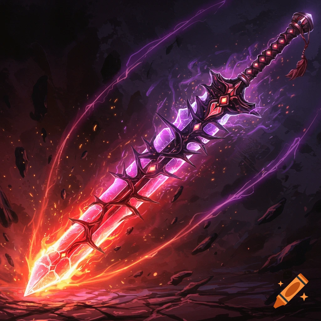 A fantasy sword glowing with red and purple energy in a dark, fiery landscape.