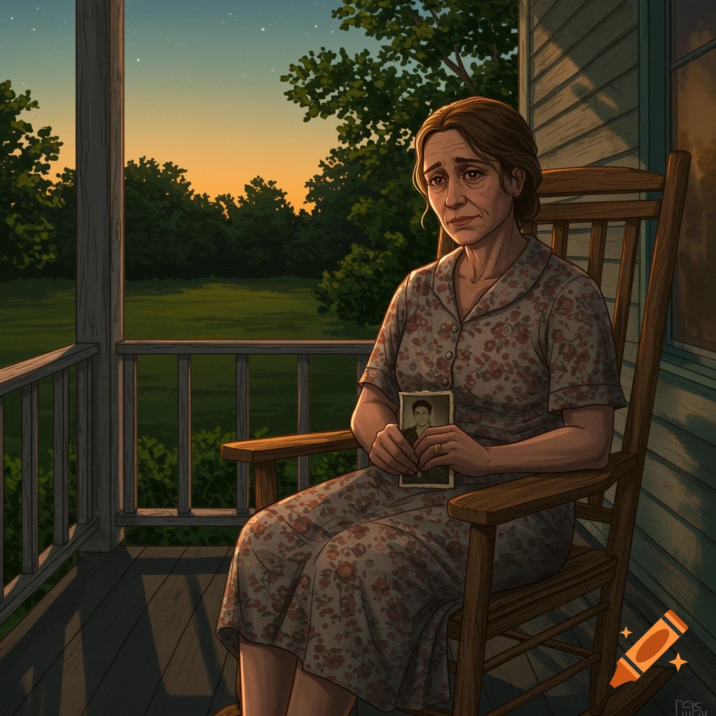 A woman sitting on a porch at dusk, holding a photograph.