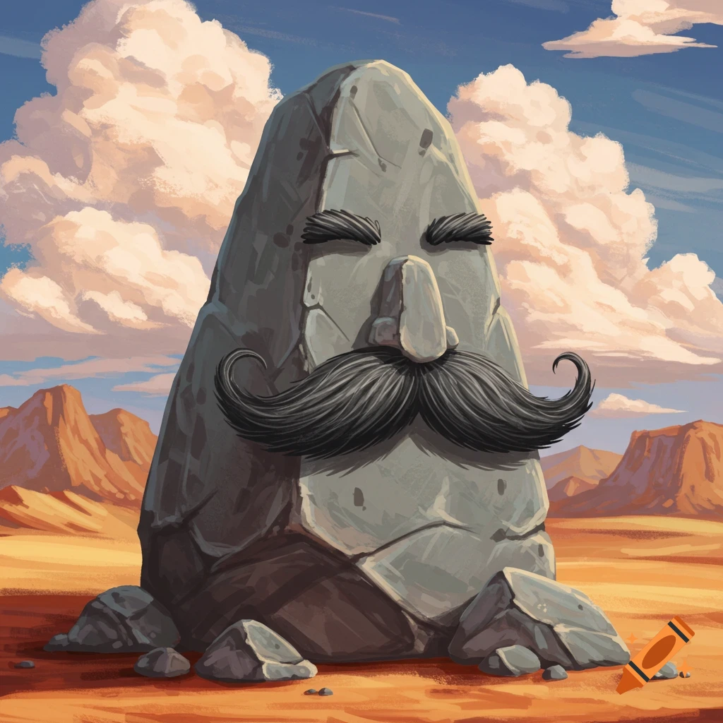 A rock formation with a face and mustache in a desert landscape.
