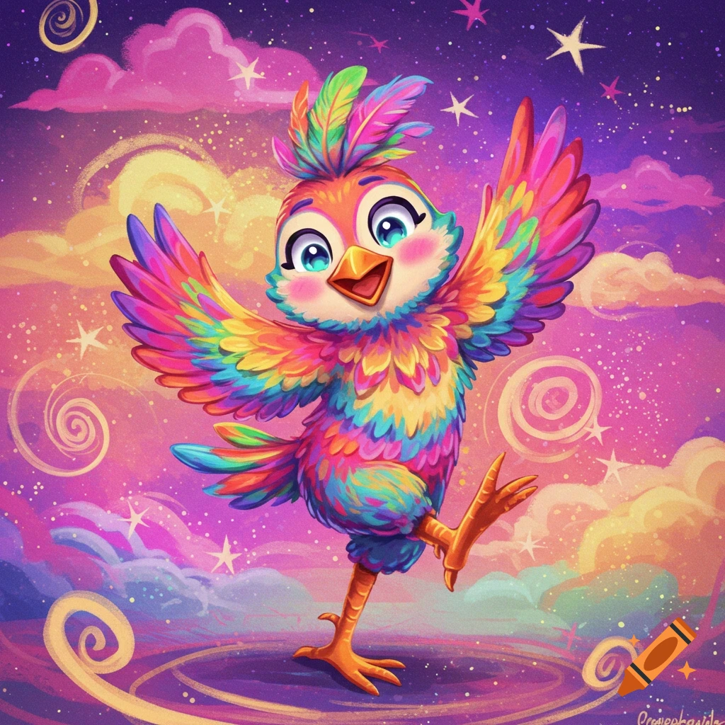 A colorful cartoon bird dances in a magical sky with stars and clouds.