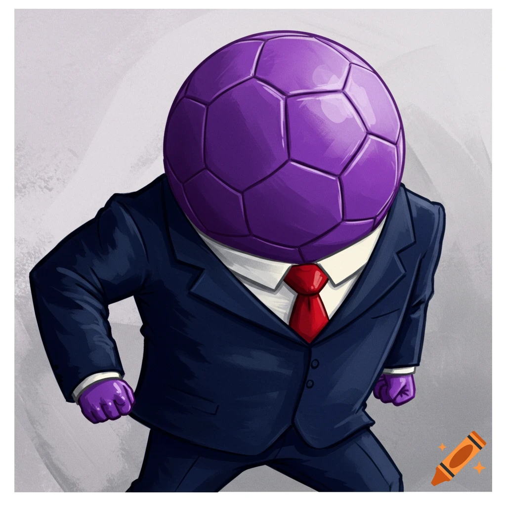 A purple soccer ball character wearing a suit and red tie.