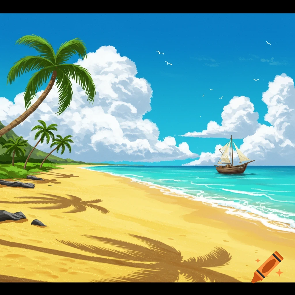 A sunny beach with palm trees, a sailboat on the ocean, and fluffy clouds in the sky.