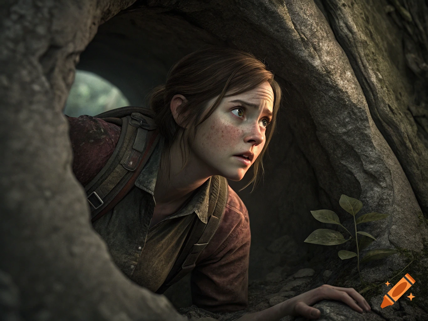 A young woman with freckles peers out from a dark cave opening into daylight