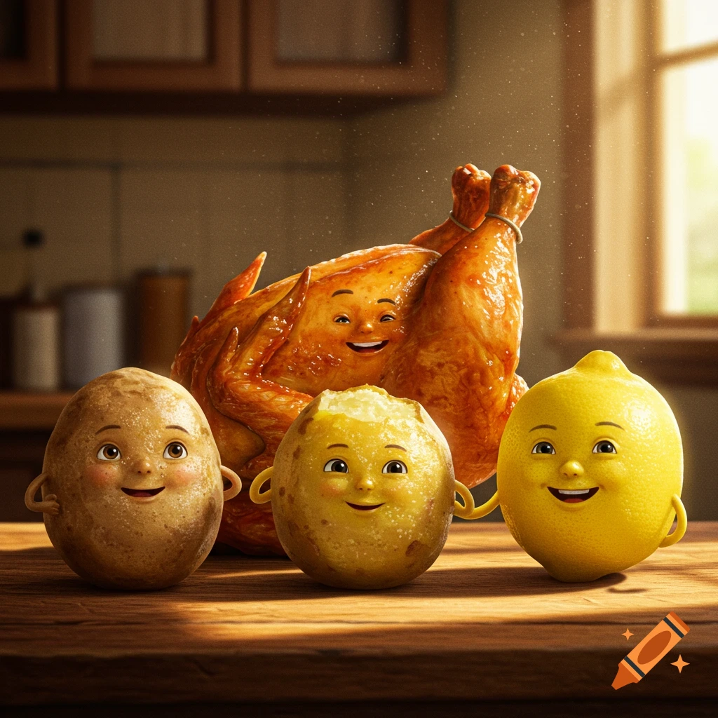 Anthropomorphic roasted chicken, potato, and lemon smiling on a table.