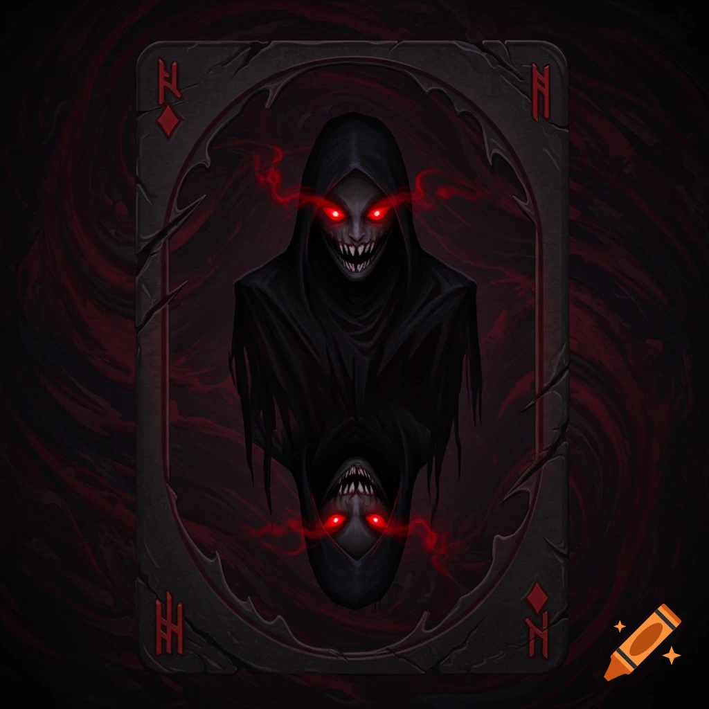 A scary hooded creature with red eyes on a dark playing card.