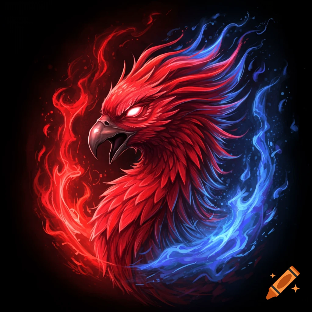 A vibrant red and blue phoenix surrounded by swirling flames against a dark background.