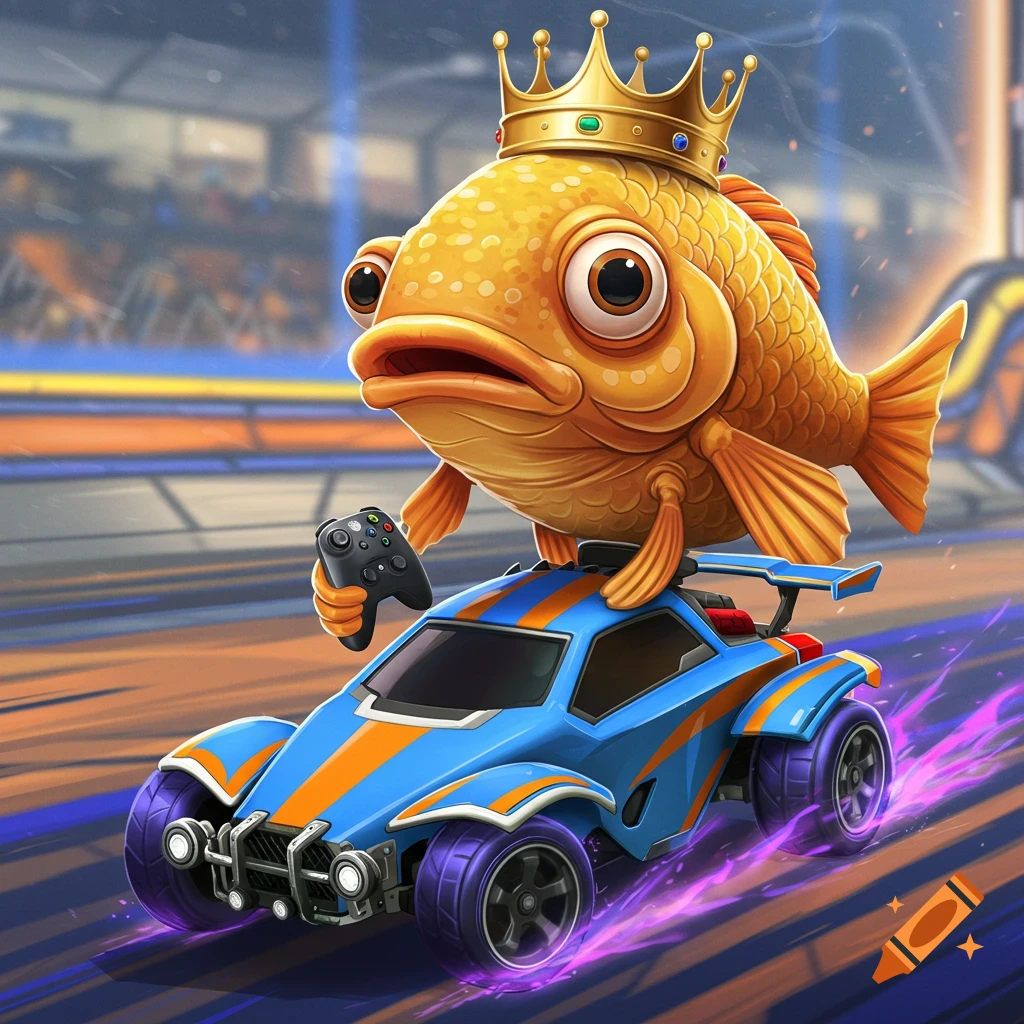 A crowned goldfish driving a blue and orange race car while holding a game controller in an arena.