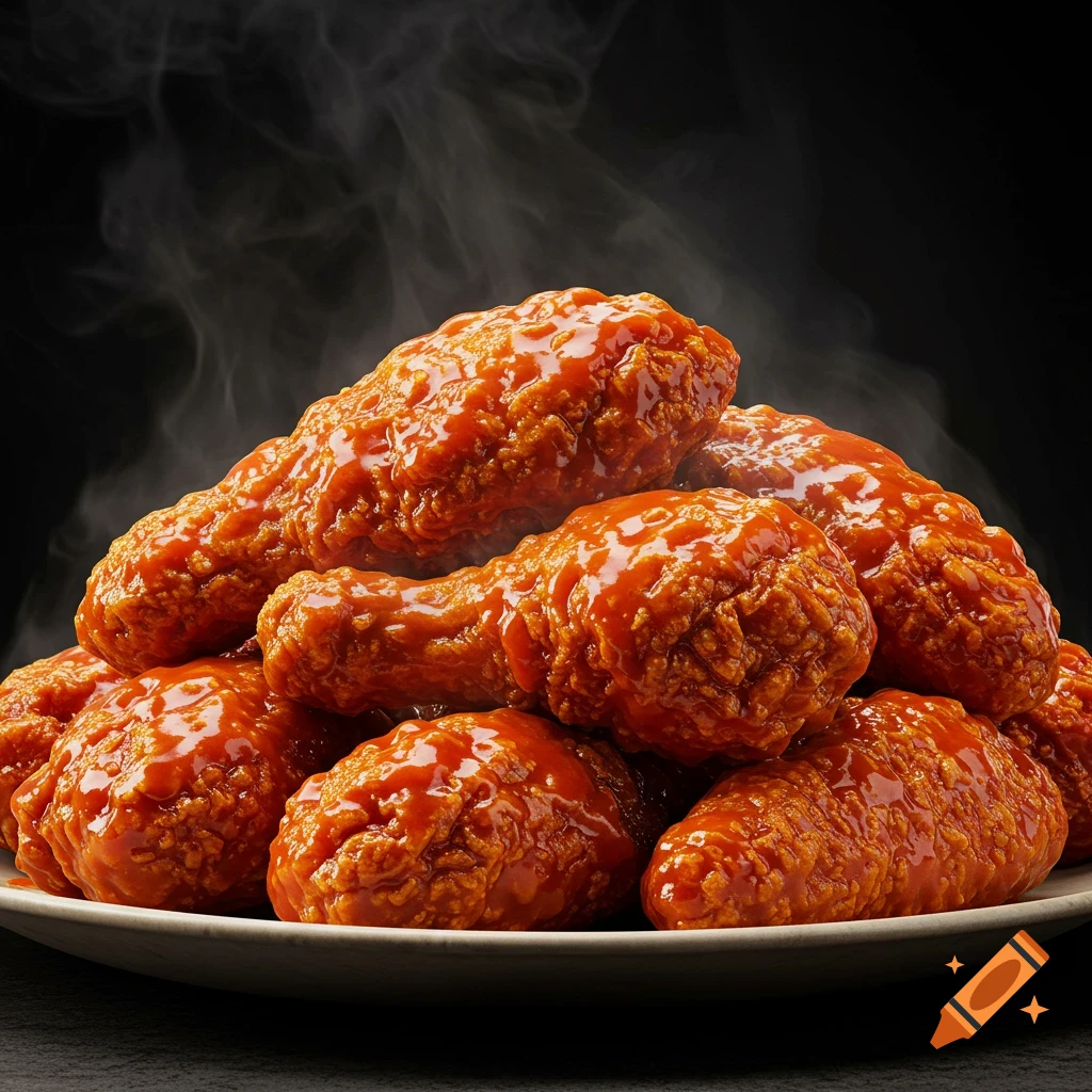 Pile of saucy fried chicken pieces with steam rising