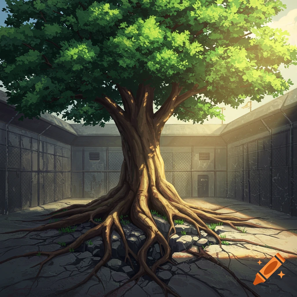 A large tree with roots cracking through concrete in a prison yard.
