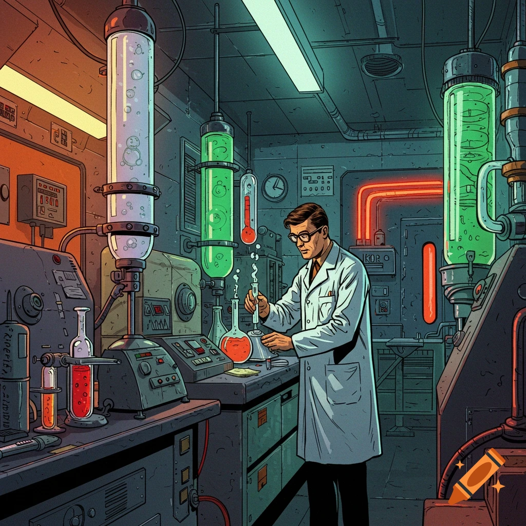 Image of a scientist working in a retro 1960s sci-fi laboratory with bubbling beakers and glowing tubes.