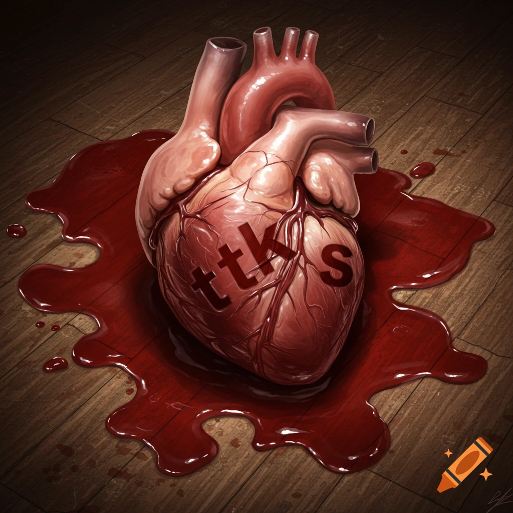 A bleeding heart with 'ttks' on a wooden floor.