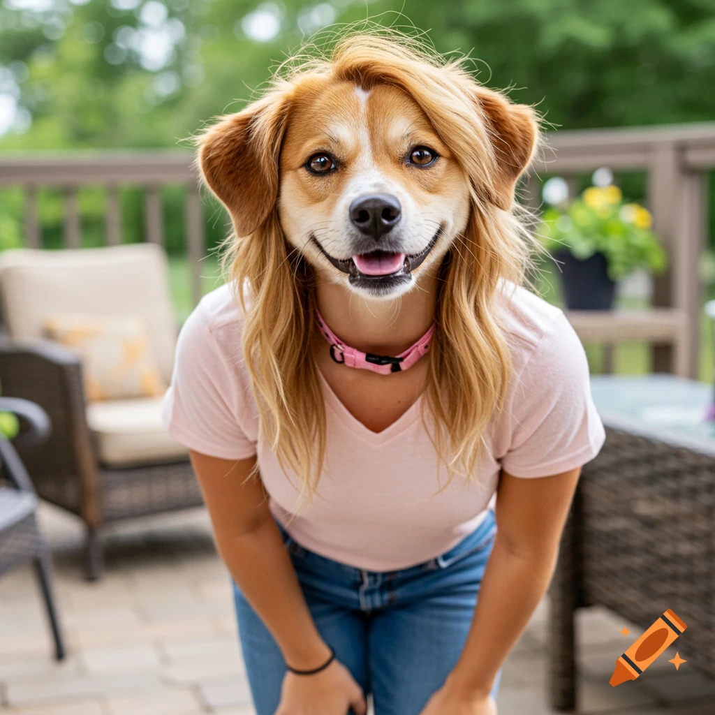 A photorealistic image of a dog's head on a human body wearing a pink shirt and jeans, leaning forward on a patio.