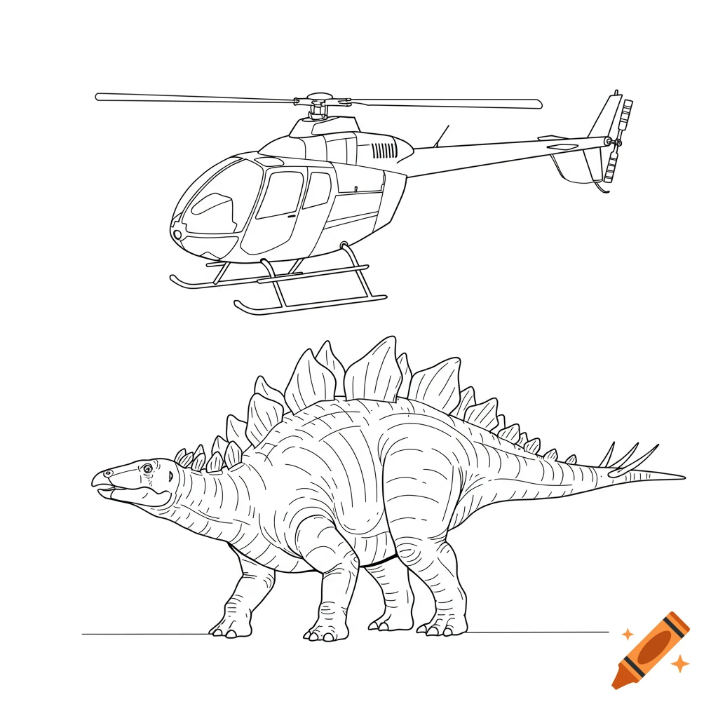 Line drawing of a helicopter and a Stegosaurus dinosaur.