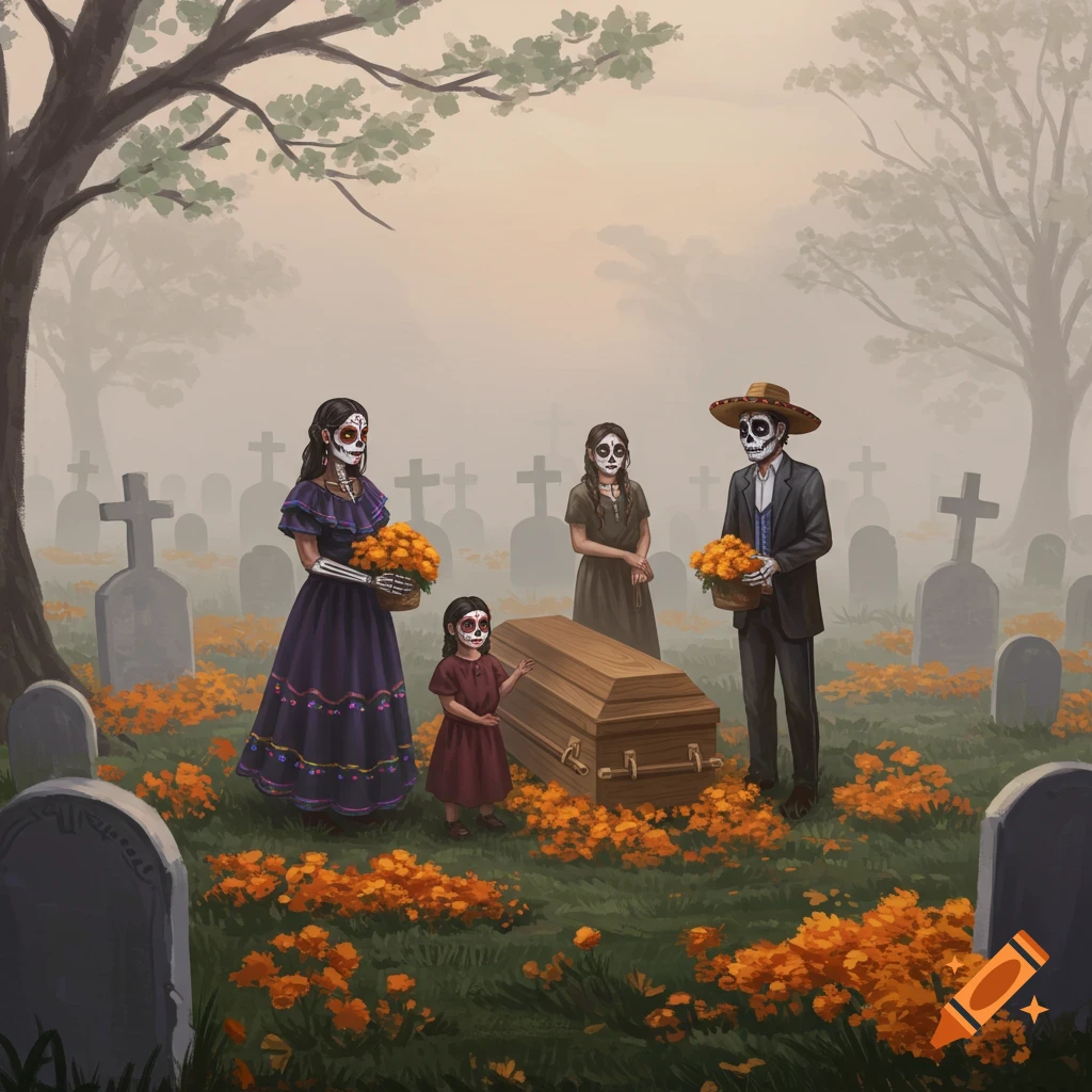 A family dressed as skeletons stands by a coffin in a graveyard covered in marigolds, celebrating the Day of the Dead.