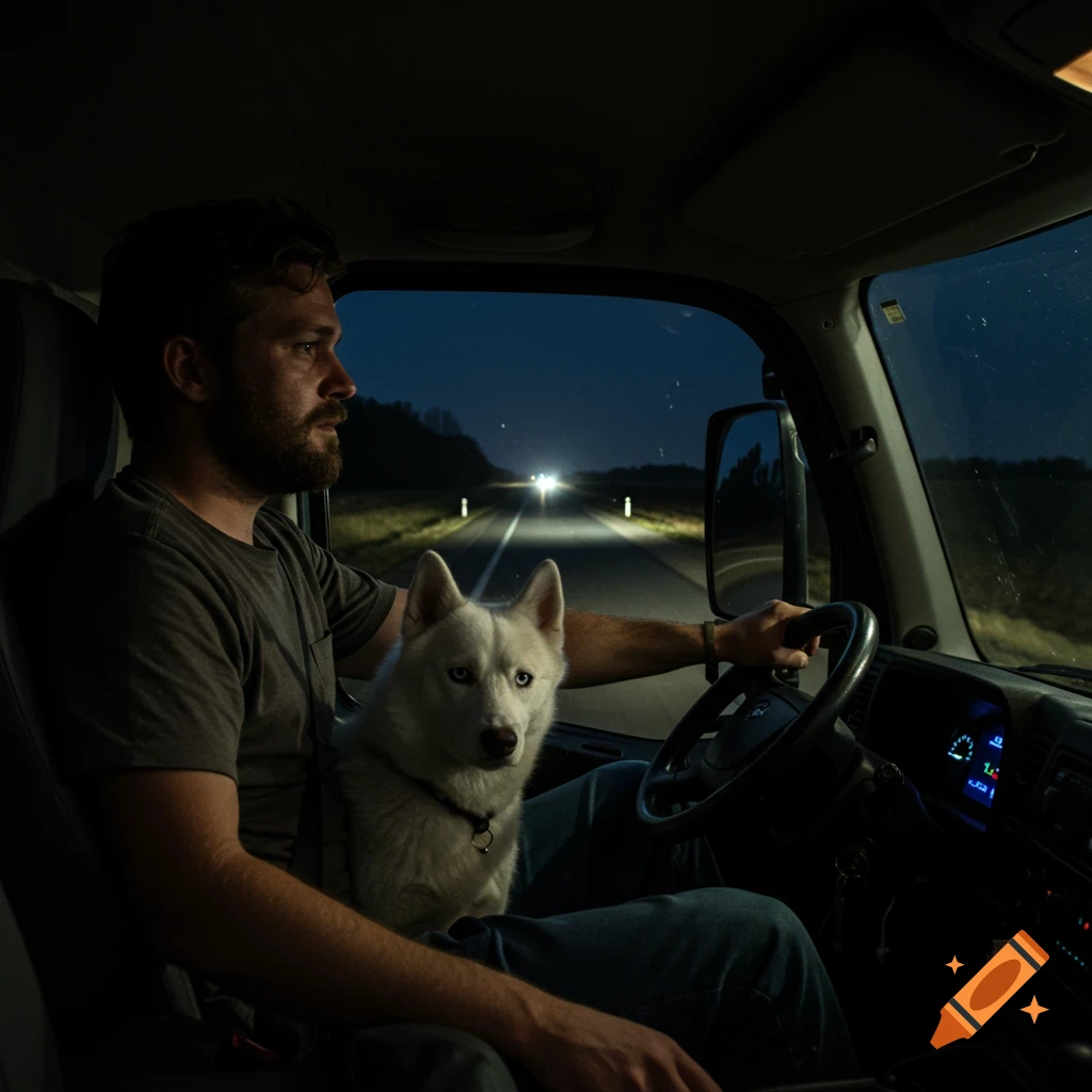 A man and a husky dog in a truck at night driving on a highway.