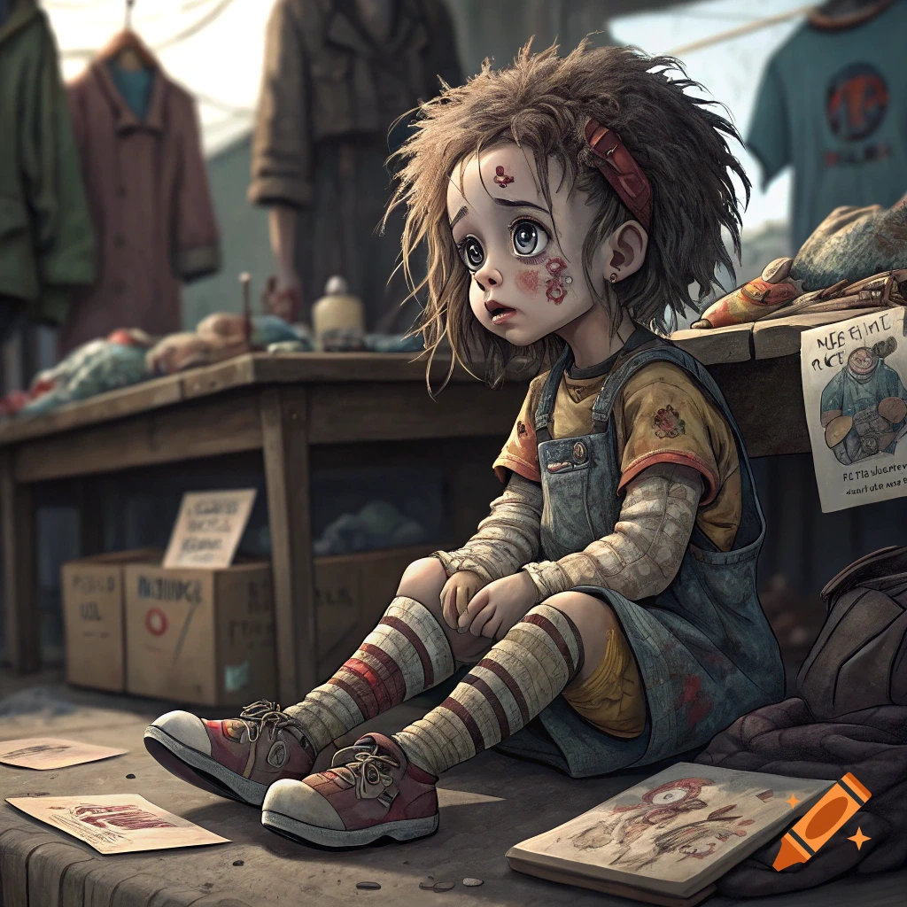An illustrated sad child with messy hair sits on the ground next to a table.