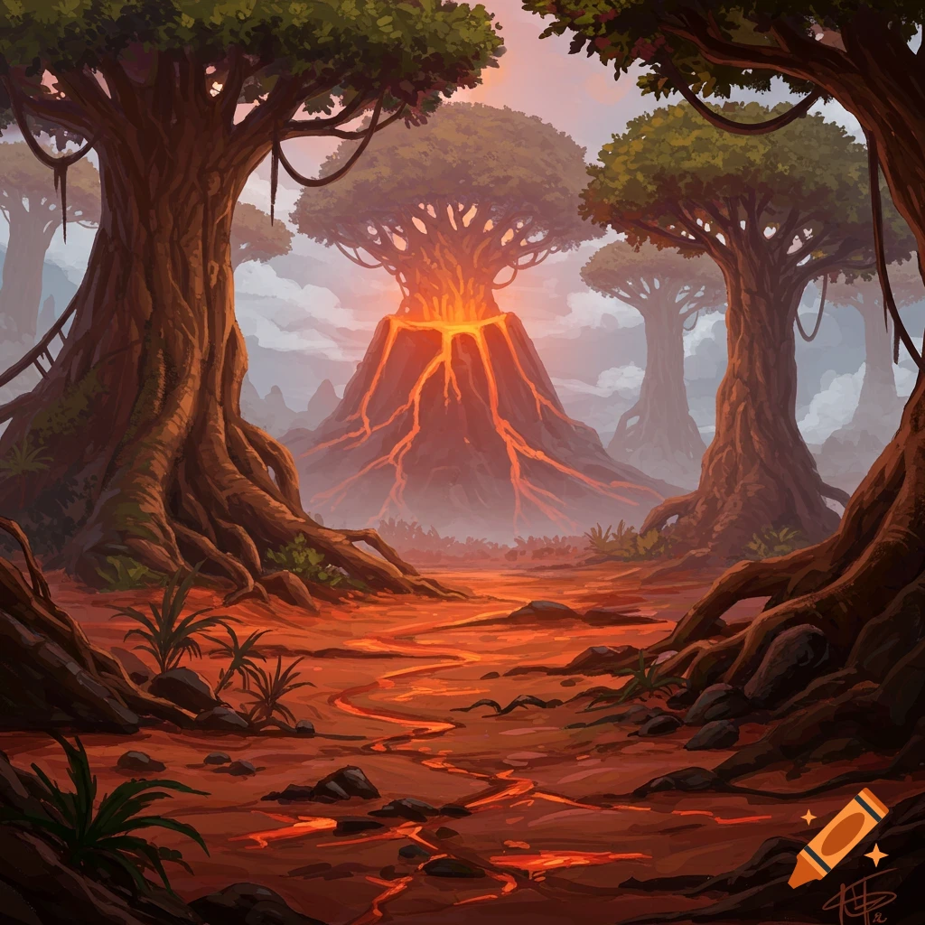 A fantasy volcanic landscape with lava flowing from a volcano that looks like a tree, surrounded by large trees.