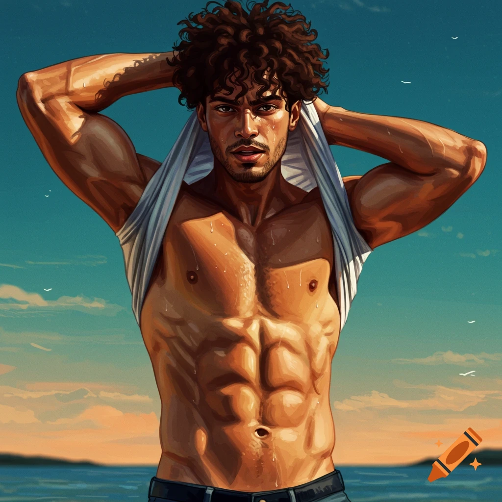 A muscular man is taking off his shirt at the beach.