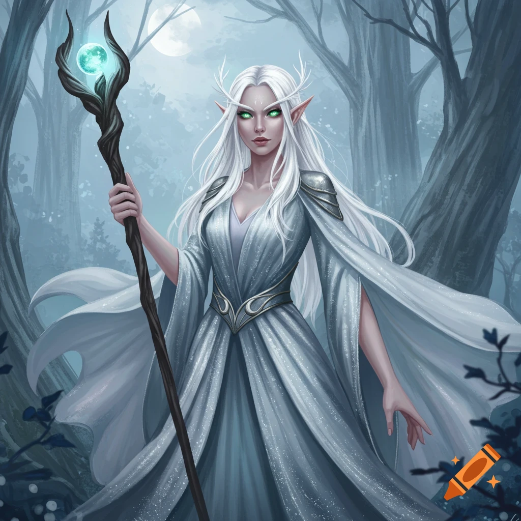 A white-haired female elf holding a staff in a forest.