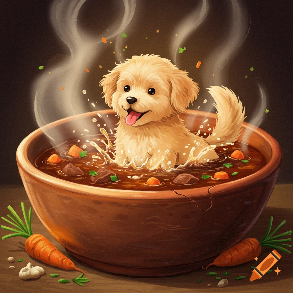 A cute puppy splashing in a bowl of stew with vegetables and meat.