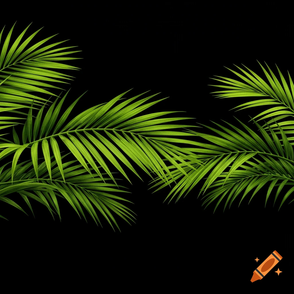 Green palm leaves on a black background