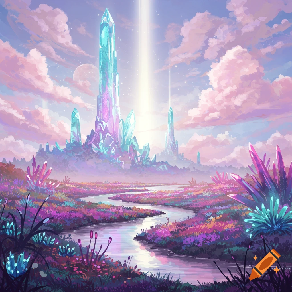 A fantasy landscape with giant crystals, a winding river, and vibrant plants under a sky with clouds and a moon.