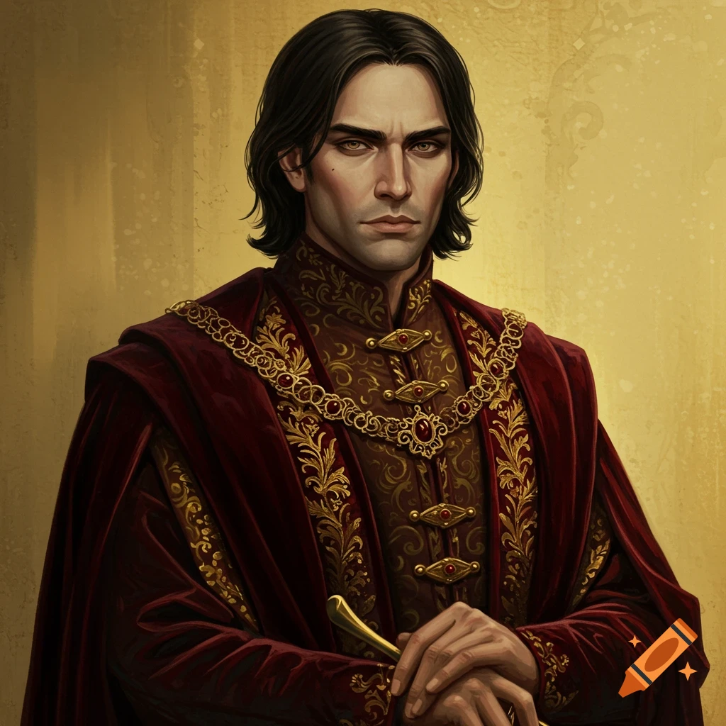 Portrait of a noble human male in dark red and gold period attire.