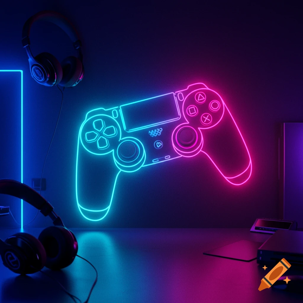 Neon gaming controller and headphones in a dark room with blue and pink neon lights.