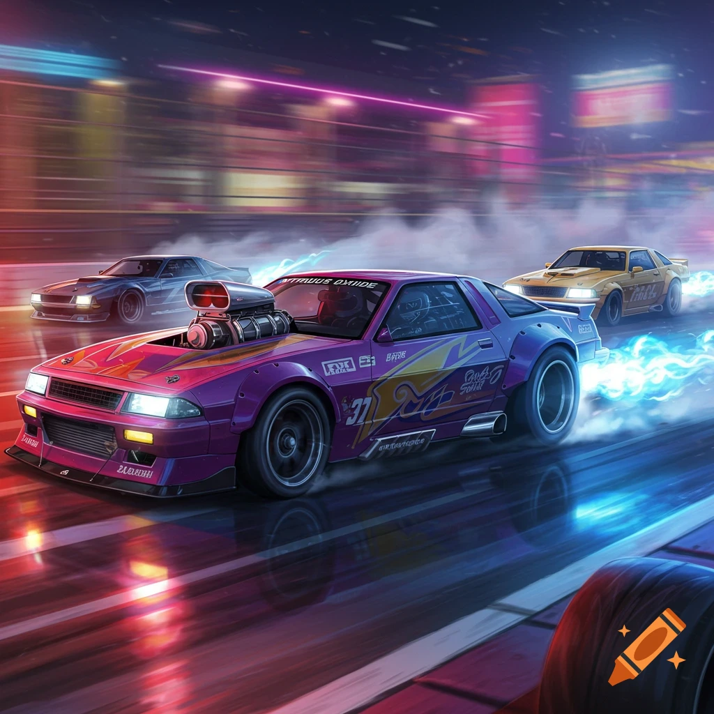 Purple racing car leads two others in a night race