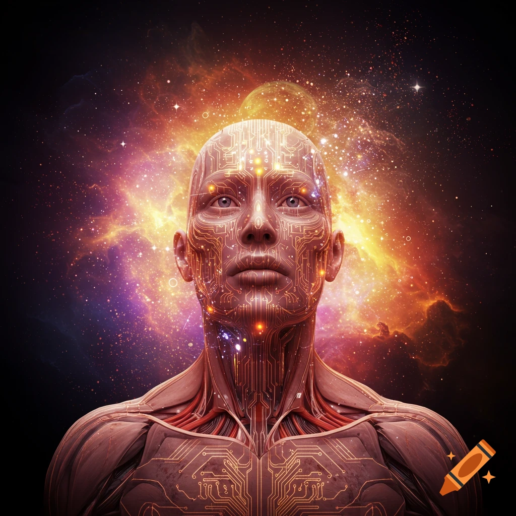 A human figure with circuitry on their skin stands against a galaxy background.