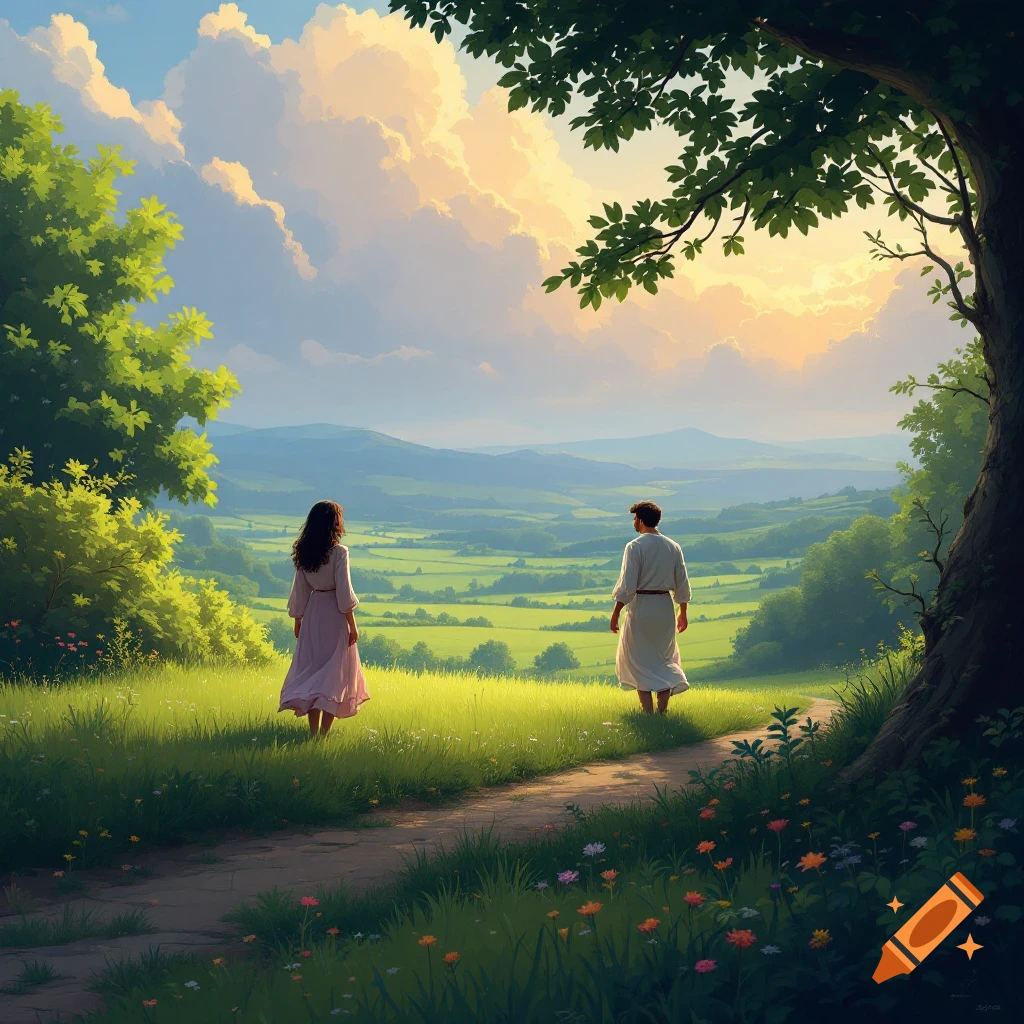 Two figures on a grassy path overlooking a green valley under dramatic clouds