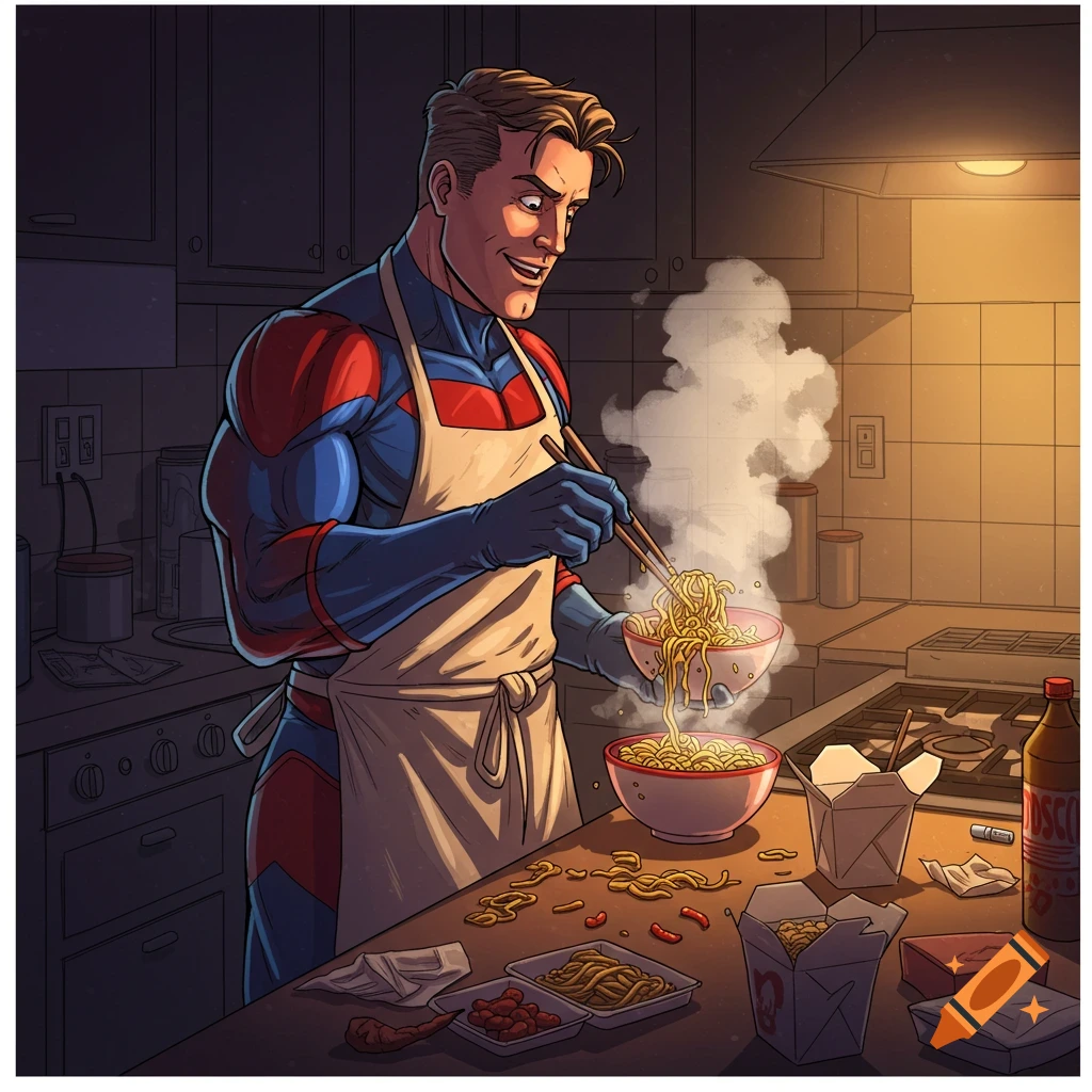 Superhero in costume and apron cooking noodles with chopsticks in a kitchen, comic book style.