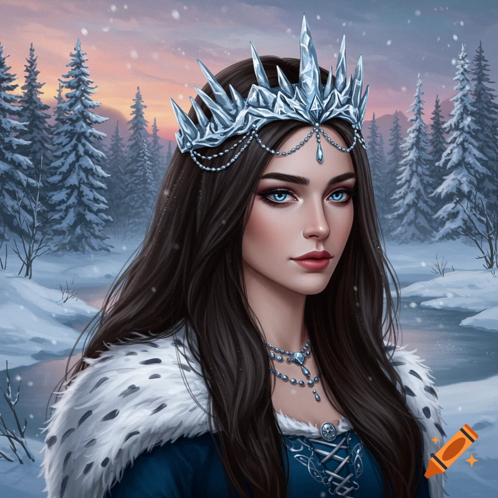 Portrait of a winter queen with a crystal crown in a snowy forest.