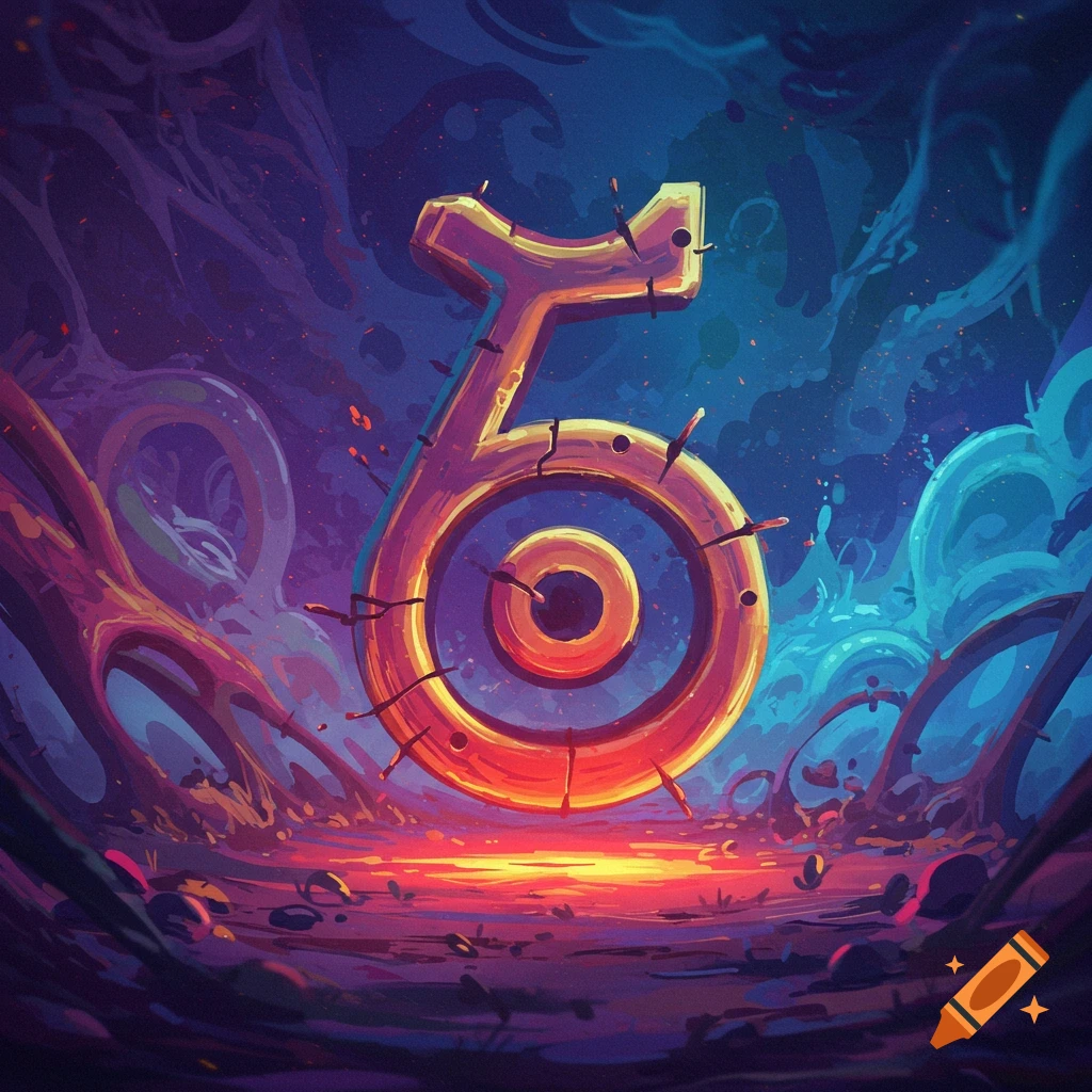 A large, stylized golden symbol resembling a '6' floats in a dark fantasy landscape with glowing ground and organic structures.