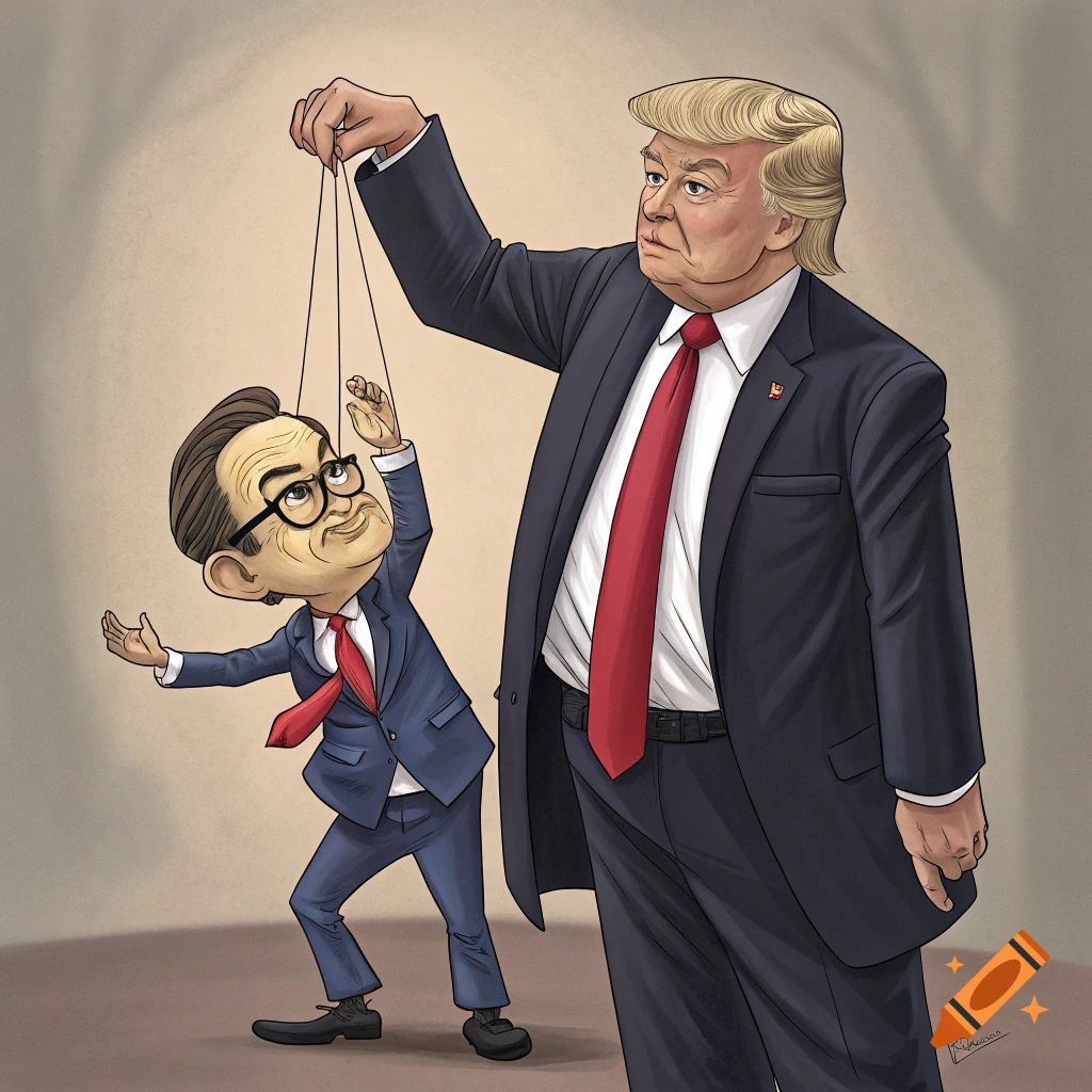 Political cartoon of Donald Trump as a puppeteer controlling a puppet resembling Pierre Poilievre