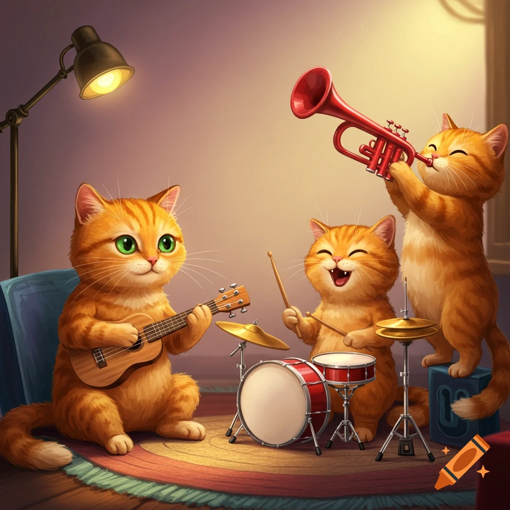 Illustration of three ginger cats playing music with a guitar, drums, and trumpet.
