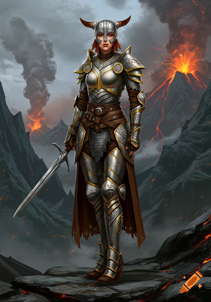 A fantasy warrior in silver armor stands in a volcanic landscape.