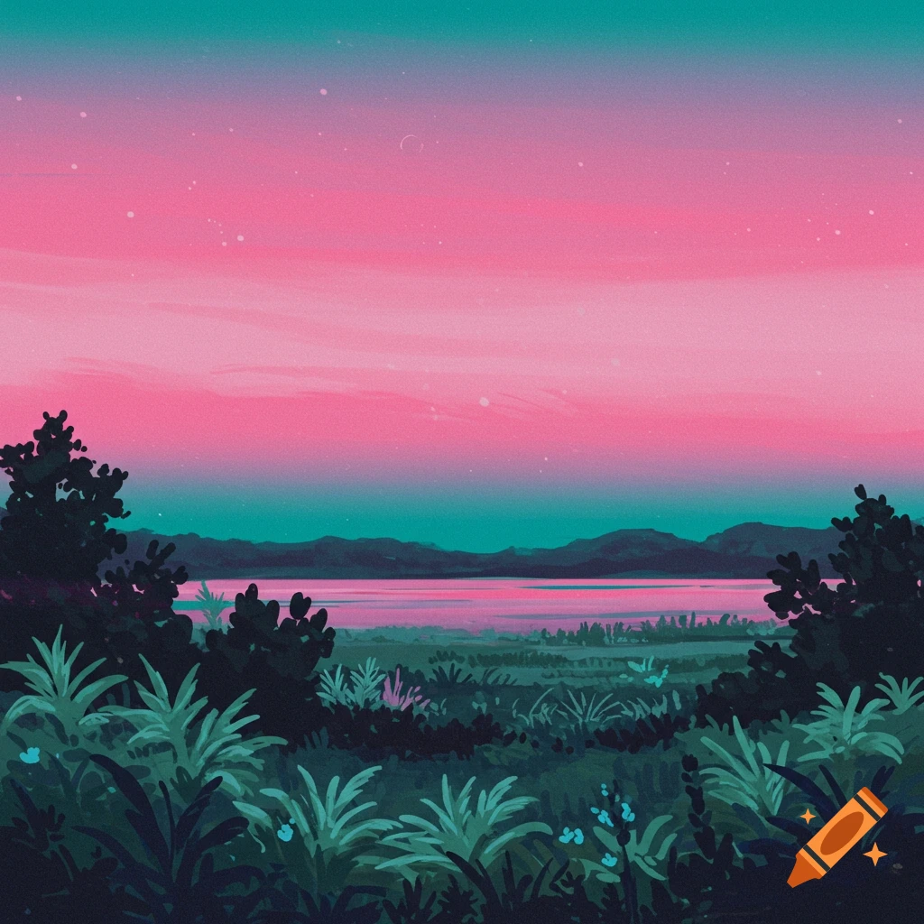 A landscape with pink and teal sky over a lake, mountains, and vegetation.