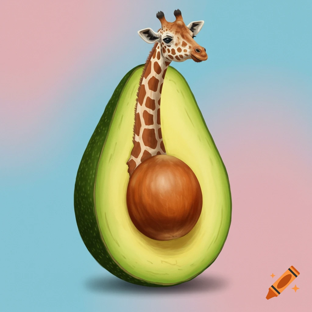 A giraffe head and neck emerging from a halved avocado.